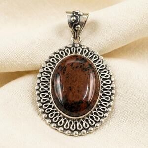 Vintage Mexican 925 Sterling Silver and Coffee Obsidian Large Pendant